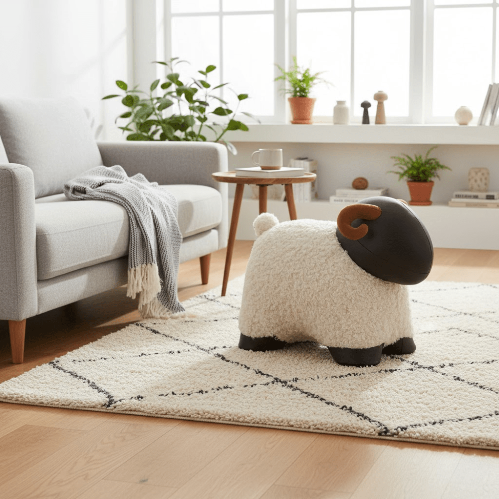 Creative Solid Wood Animal Stool with Soft Teddy Fleece