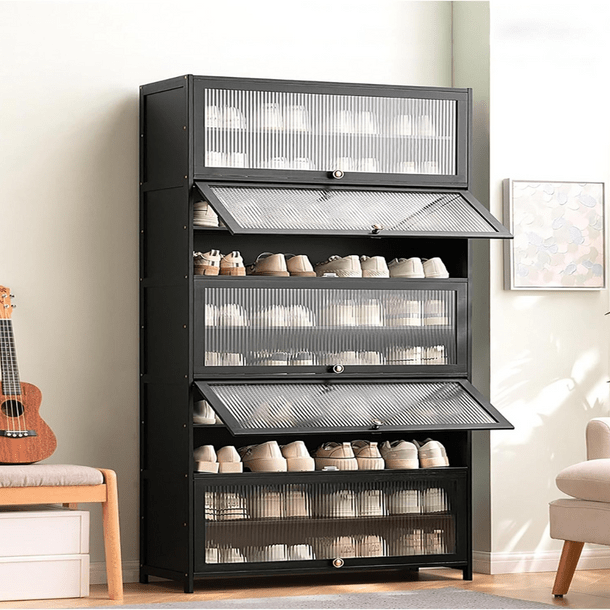 Multi-Tier Bamboo Shoe Rack with Transparent Flap Doors (80cm)