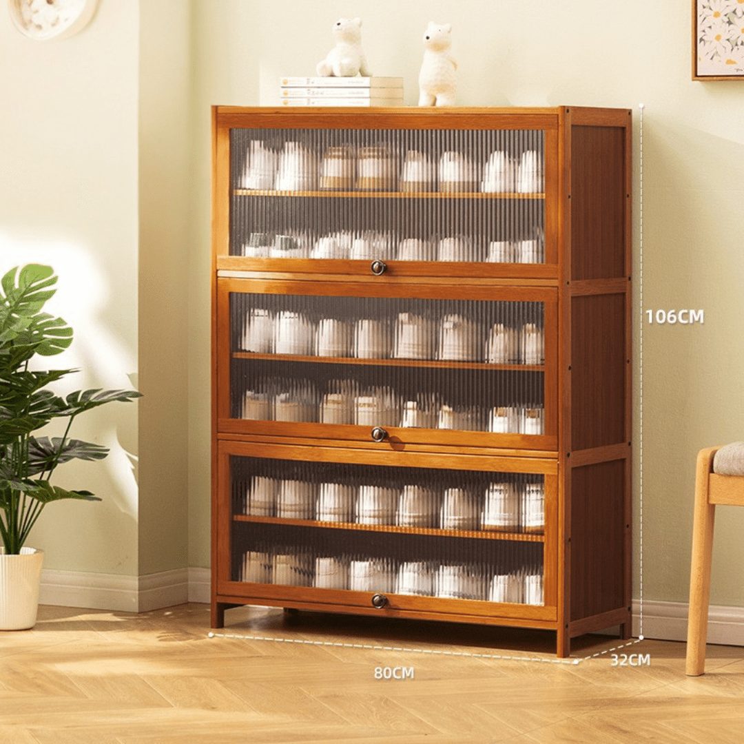Multi-Tier Bamboo Shoe Rack with Transparent Flap Doors (Brown-80cm)