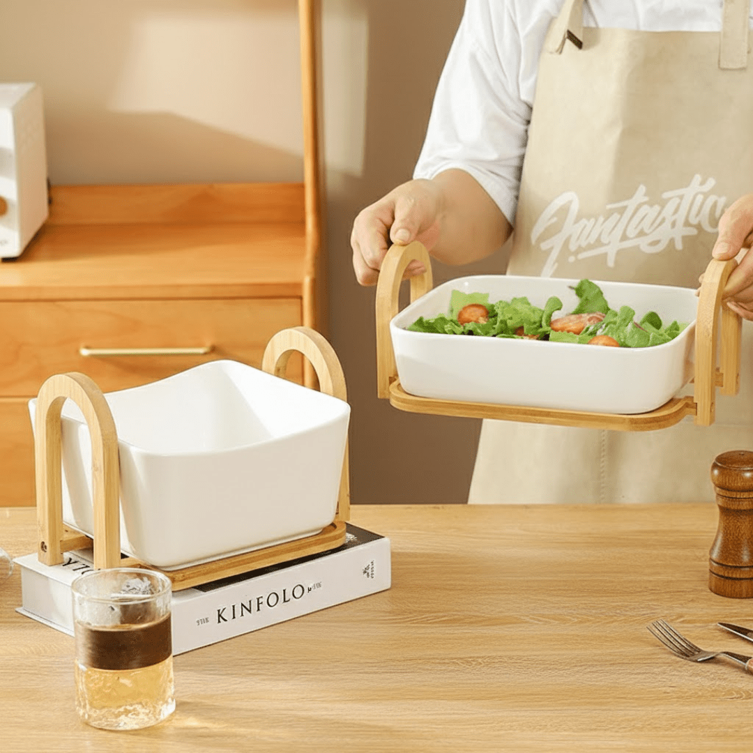 Multi-Purpose Heat-Resistant Ceramic Fruit Plate with Wooden Tray