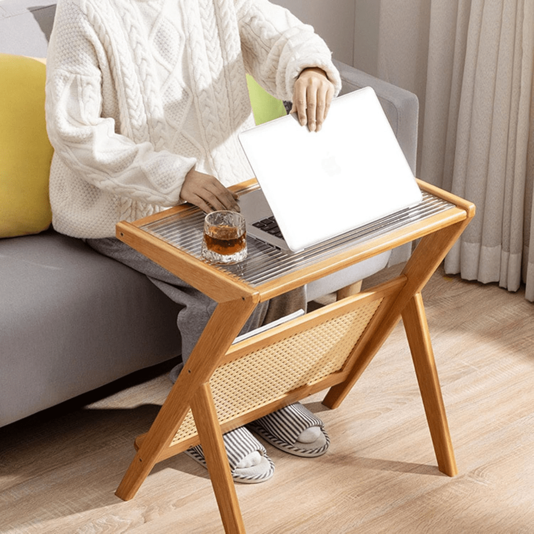 Modern Bamboo Side Table with Glass & Storage Shelf (Natural Wood-55cm)