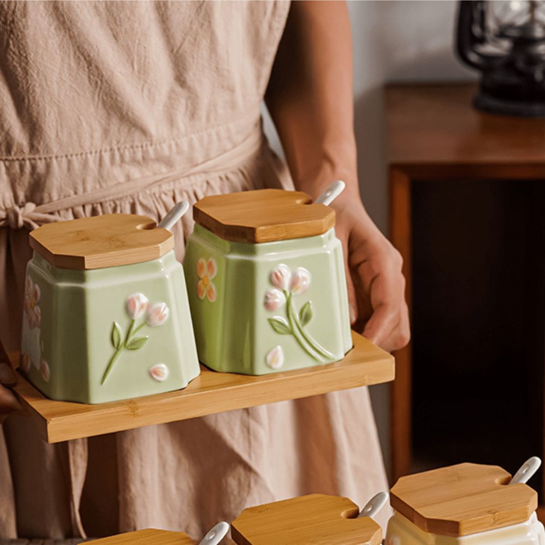 Elegant Ceramic Condiment Jar Set with Lid Spoons and Wooden Tray