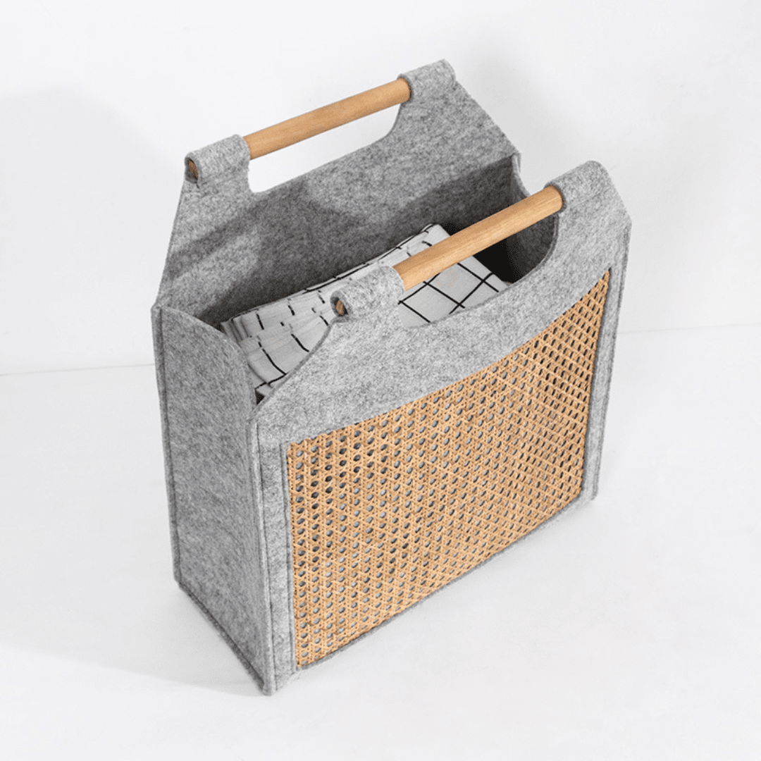Modern Felt Storage Tote Basket with Rattan Panel & Wooden Handle
