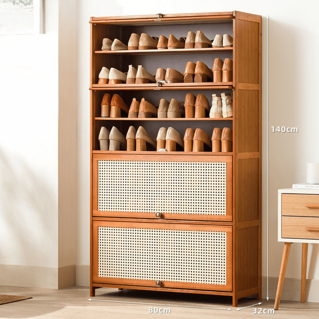 Multi-Tier Bamboo Wood Storage Shelf with Flip-Up Doors (Brown-80cm)