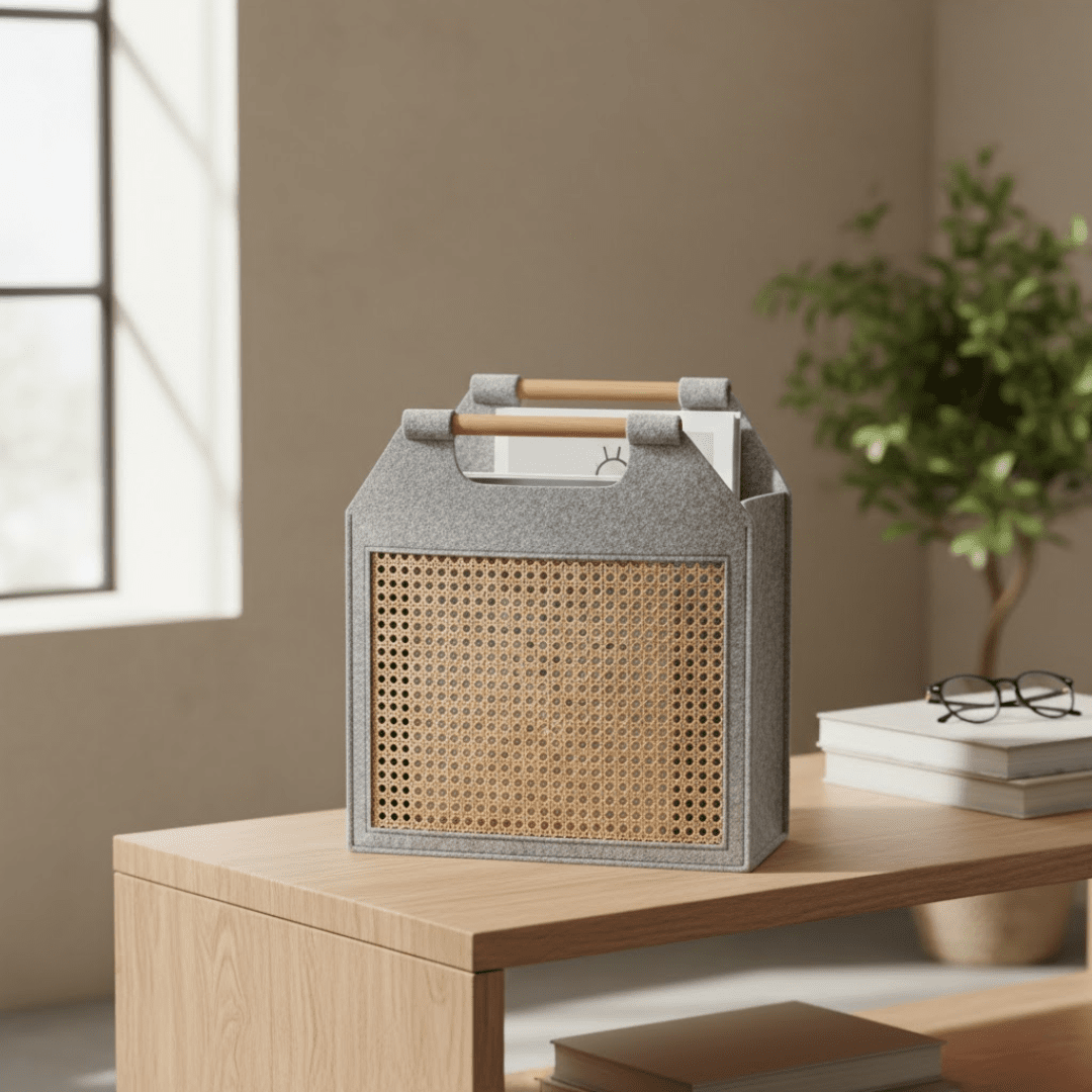 Modern Felt Storage Tote Basket with Rattan Panel & Wooden Handle