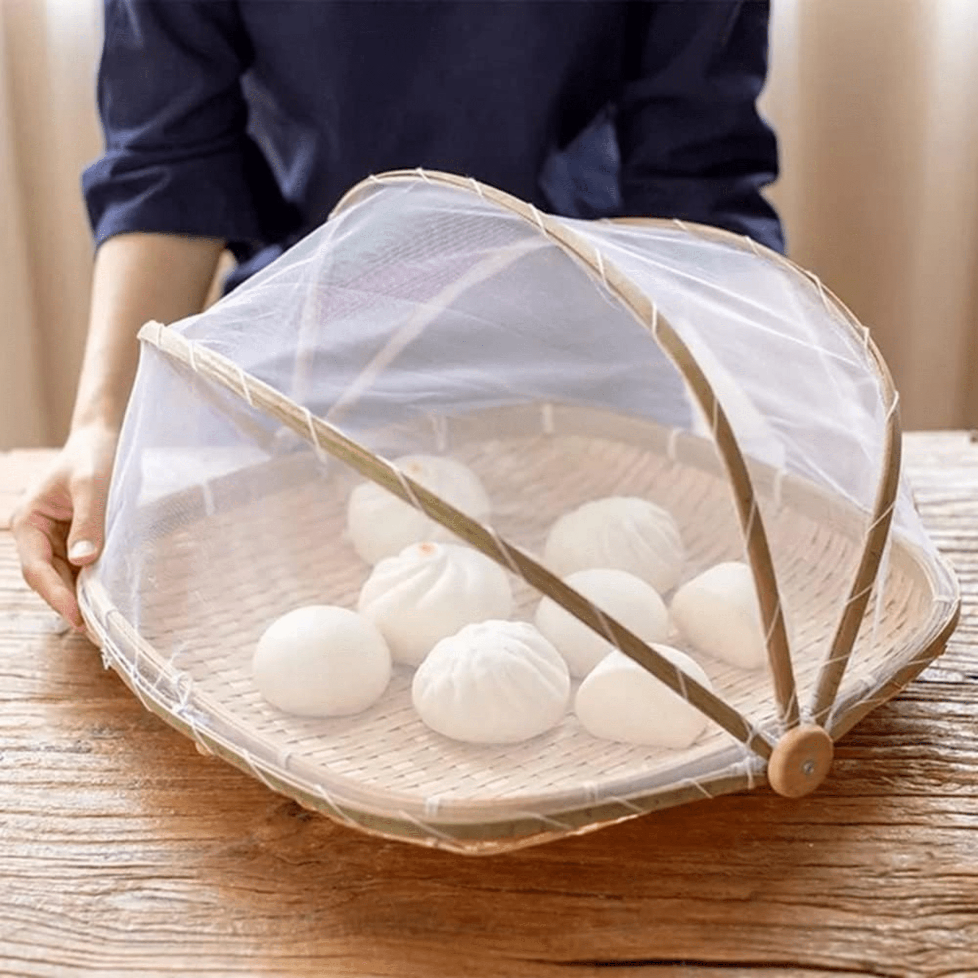 Multi-Purpose Handwoven Bamboo Basket with Mesh Food Cover