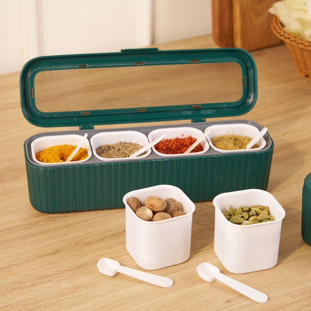 Clear Seasoning Box Set With 4 Seasoning Condiment Jars and Serving spoons