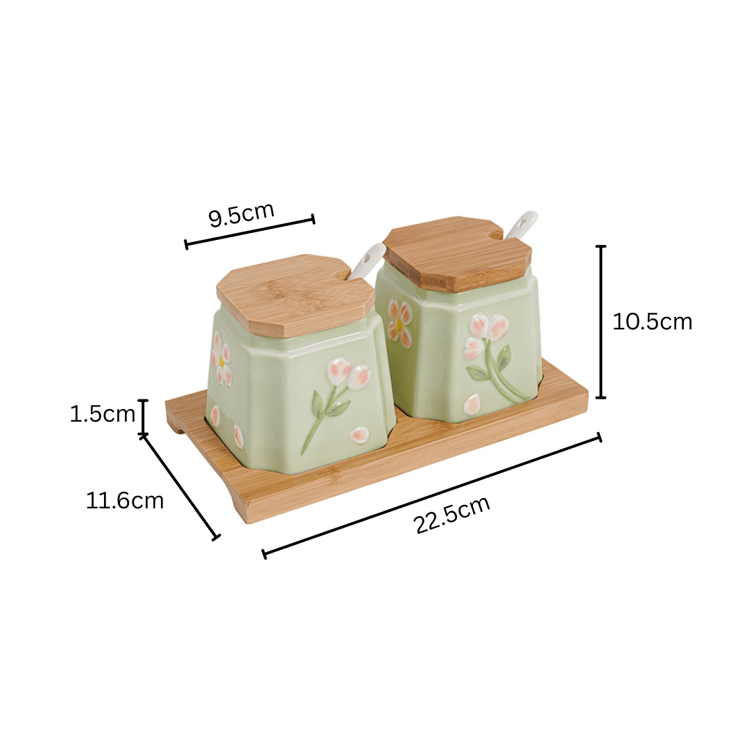 Elegant Ceramic Condiment Jar Set with Lid Spoons and Wooden Tray