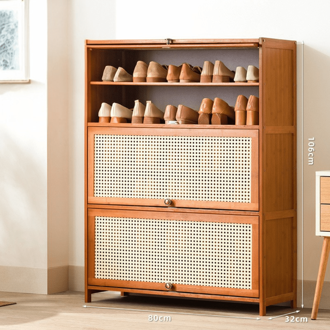 Multi-Tier Bamboo Wood Storage Shelf with Flip-Up Doors (Brown-80cm)
