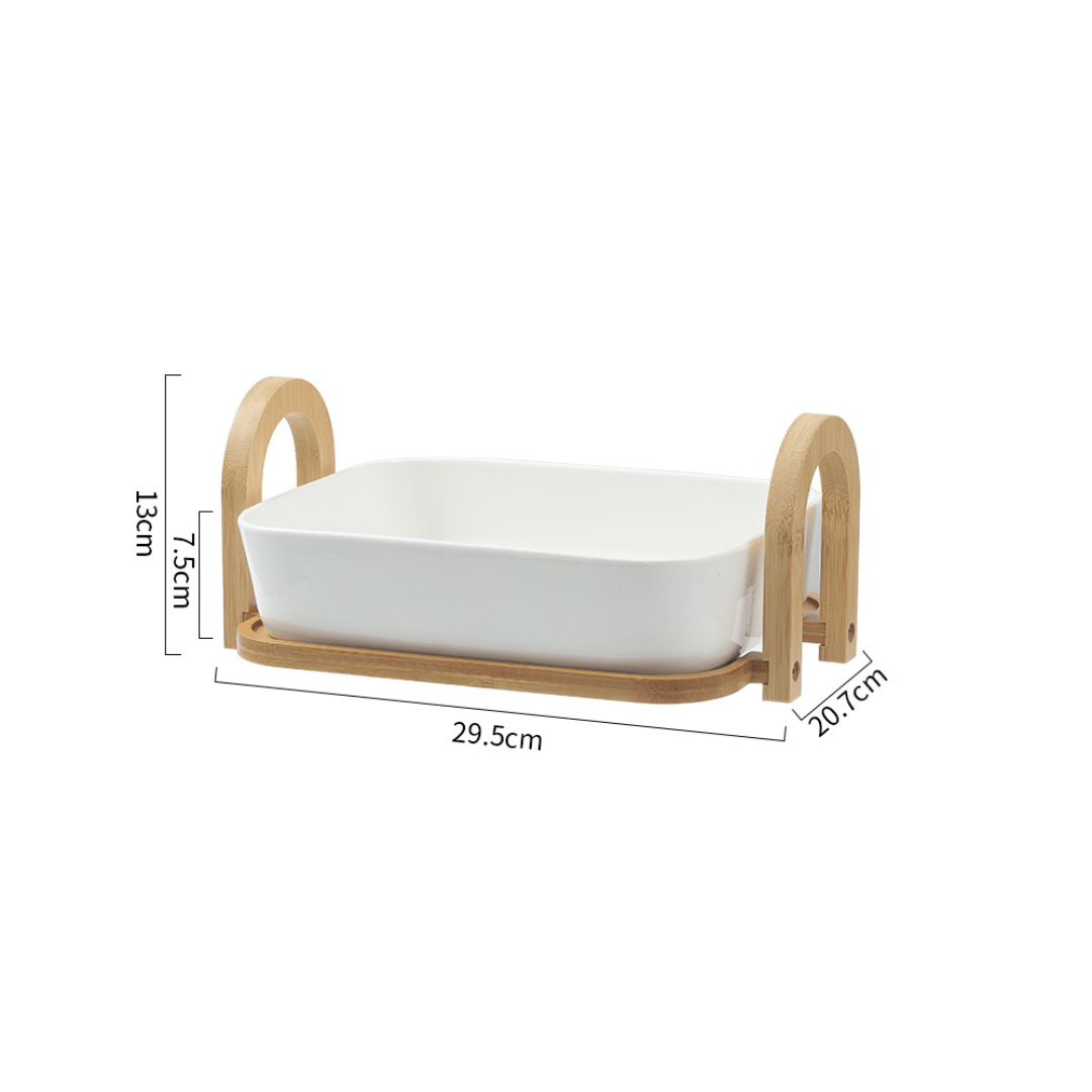Multi-Purpose Heat-Resistant Ceramic Fruit Plate with Wooden Tray