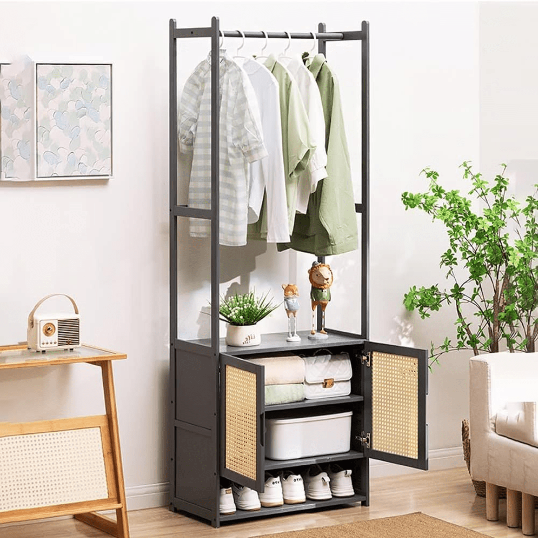 Multi-Purpose Bamboo Wood Clothing Rack Organizer with Shoe Rack (62cm)