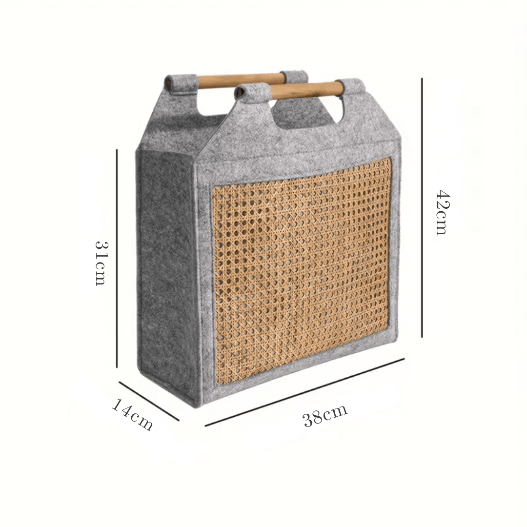 Modern Felt Storage Tote Basket with Rattan Panel & Wooden Handle