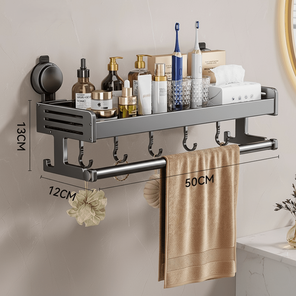 Heavy-Duty Suction Bathroom Storage Rack with Hooks