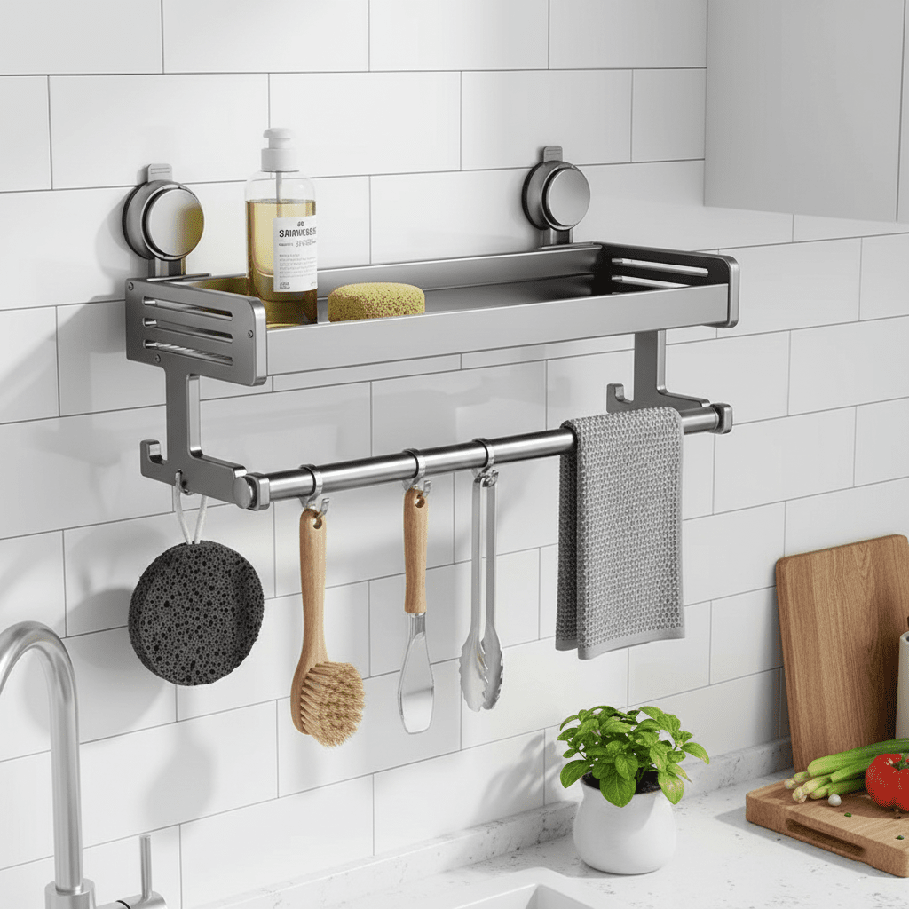 Heavy-Duty Suction Bathroom Storage Rack with Hooks