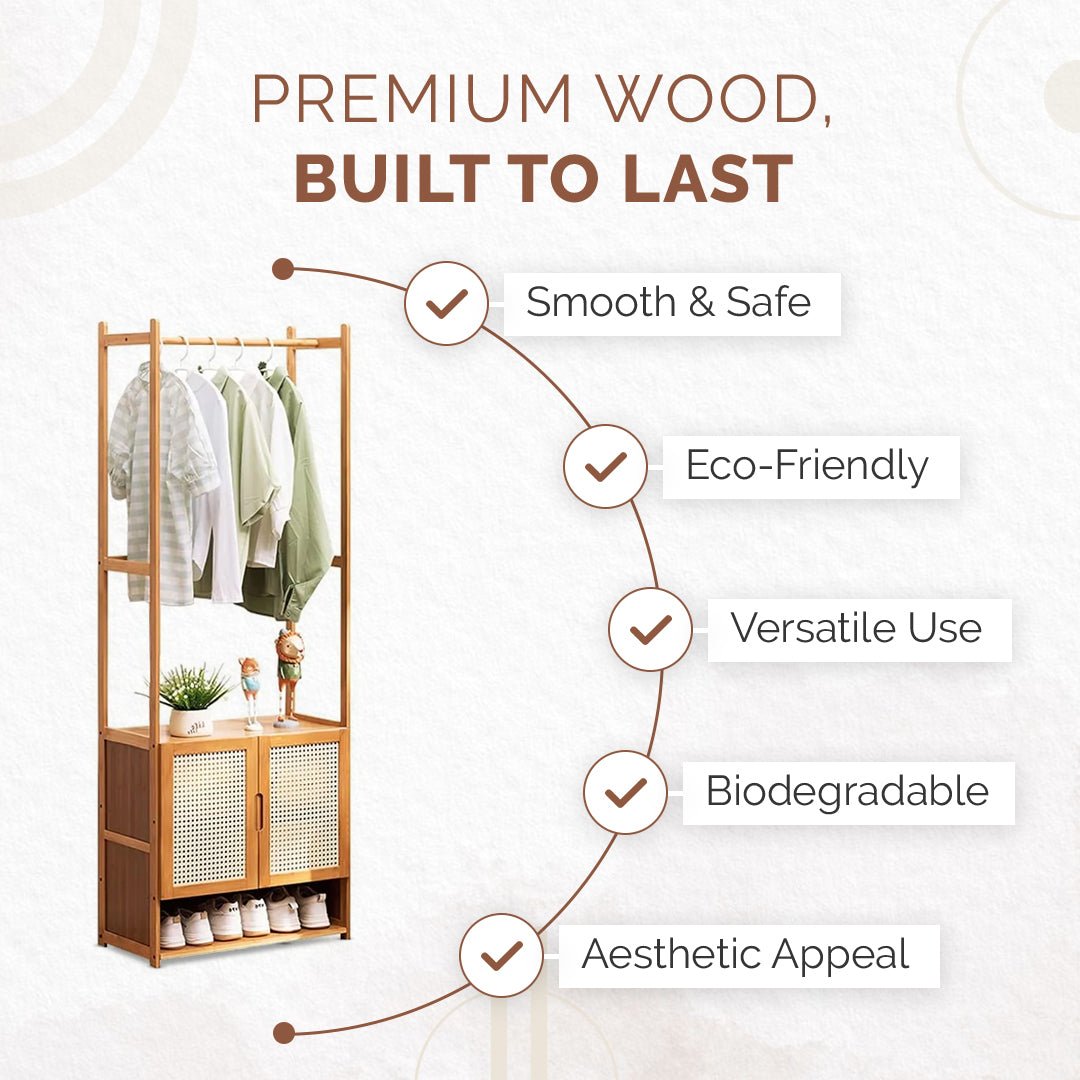 Multi-Purpose Bamboo Wood Clothing Rack Organizer with Shoe Rack (Brown-62cm)