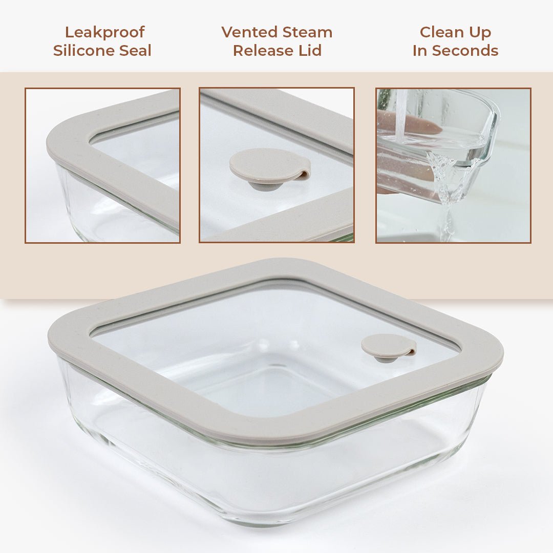 Square Borosilicate Glass Food Container with Vented Lid(1170ml)