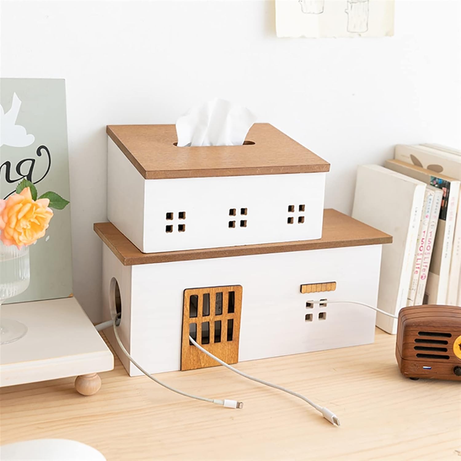 Minimalist Decorative Cord Storage Box with Wooden Lid