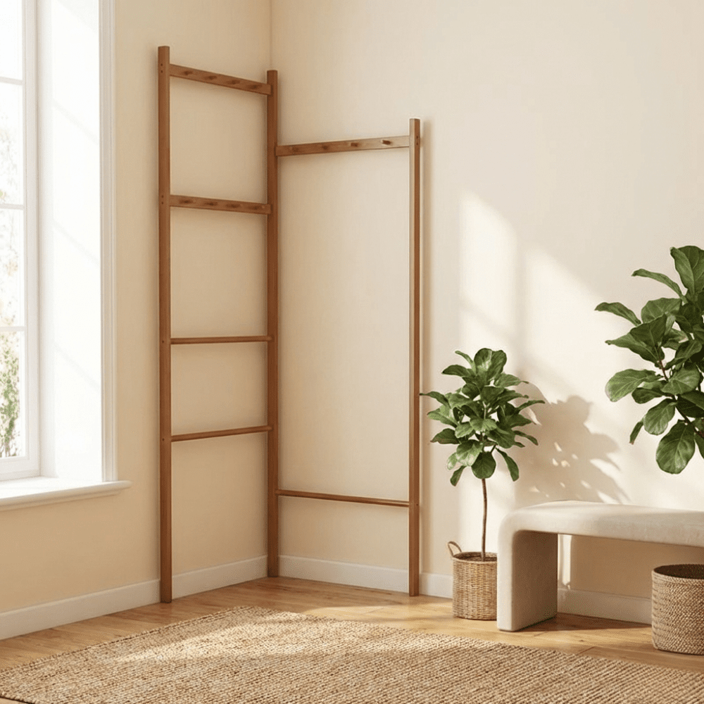 Space-Saving Corner Mounted Bamboo Clothes Rack