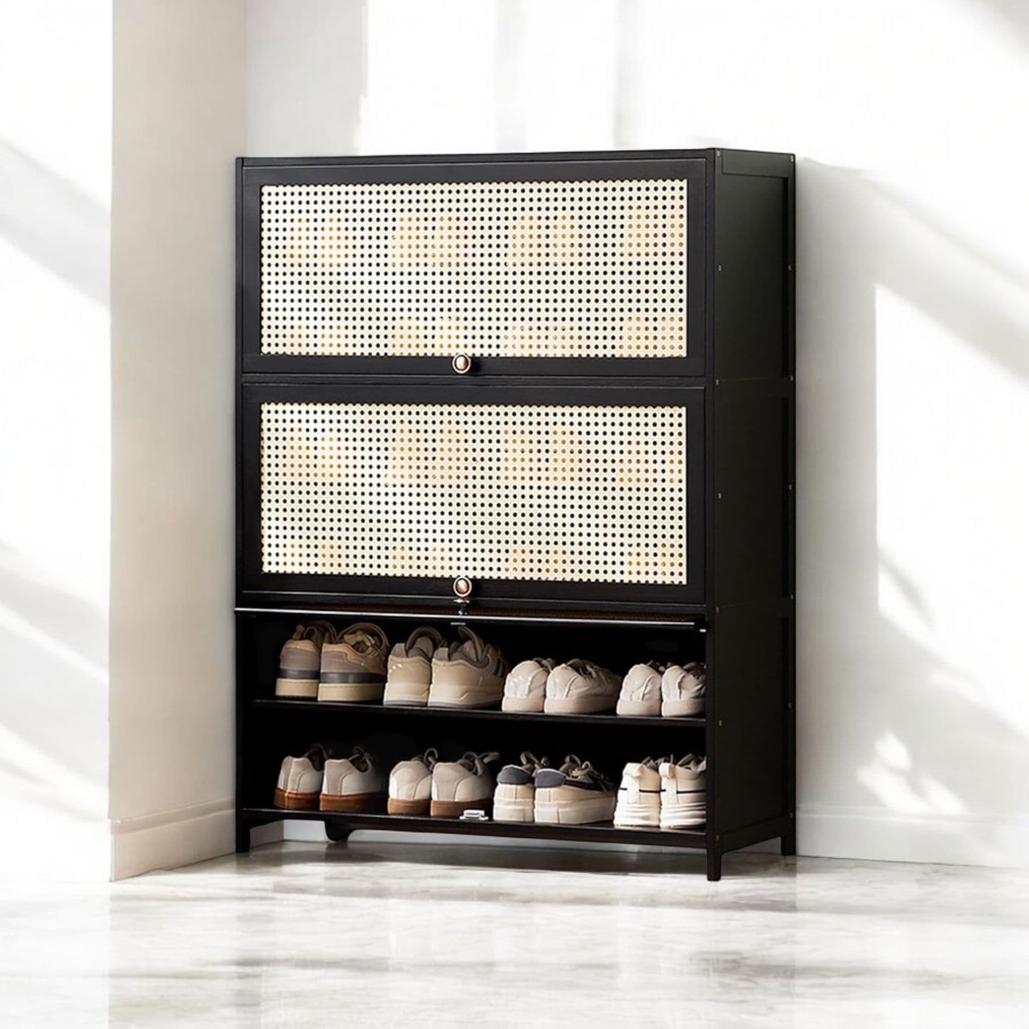 Multi-Tier Bamboo Wood Storage Shelf with Flip-Up Doors (Black-80cm)