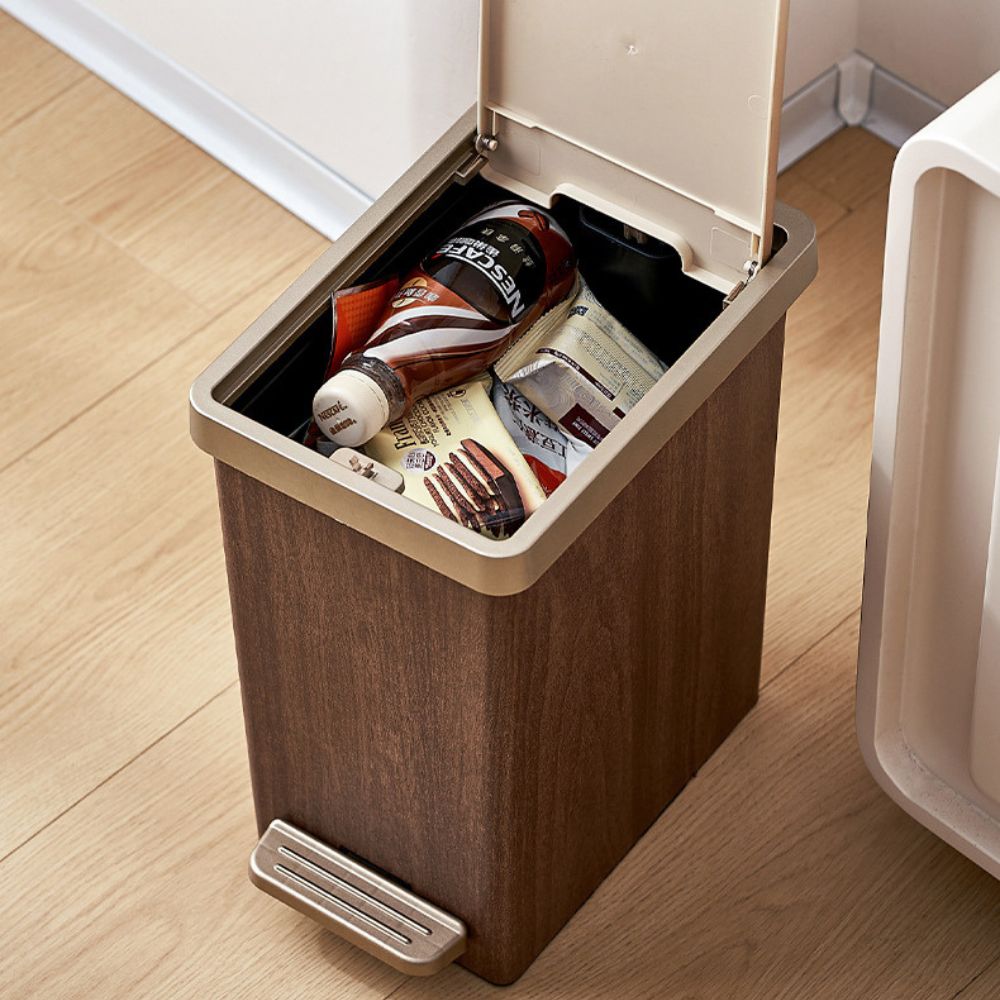 Slim Wood Grain Pedal Trash Bin with Lid(10L)